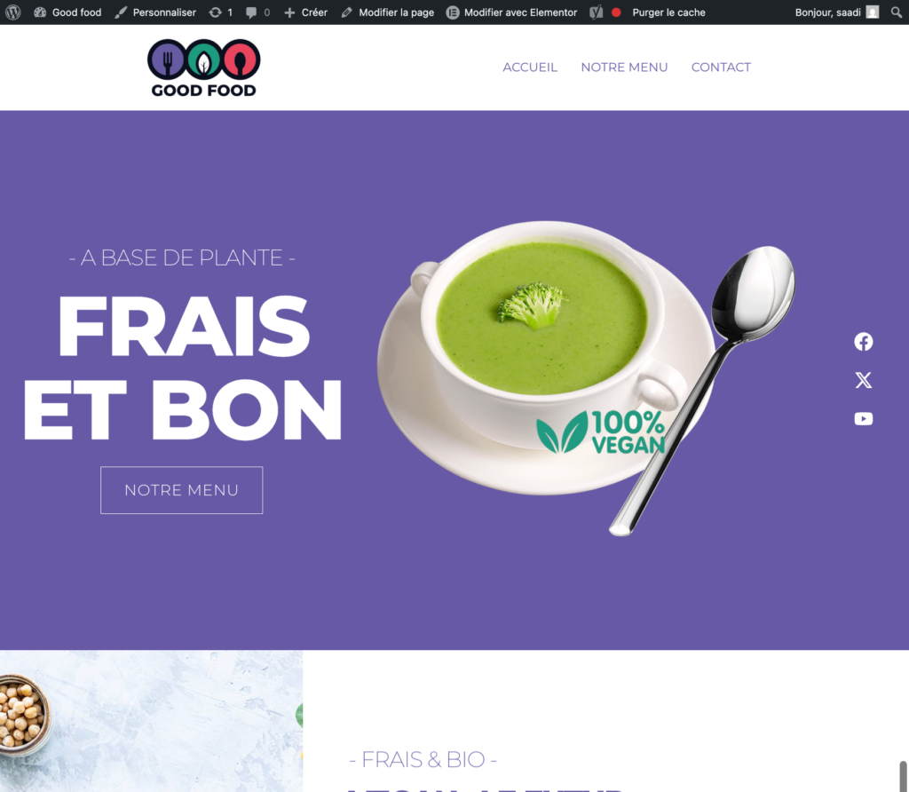 Interface du site Good Food, projet de site web pour restaurant réalisé avec WordPress